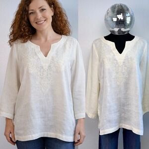 Edward 100% Irish Linen Embroidered Tunic Top, Size Large, Cream, V-Neck, Resort